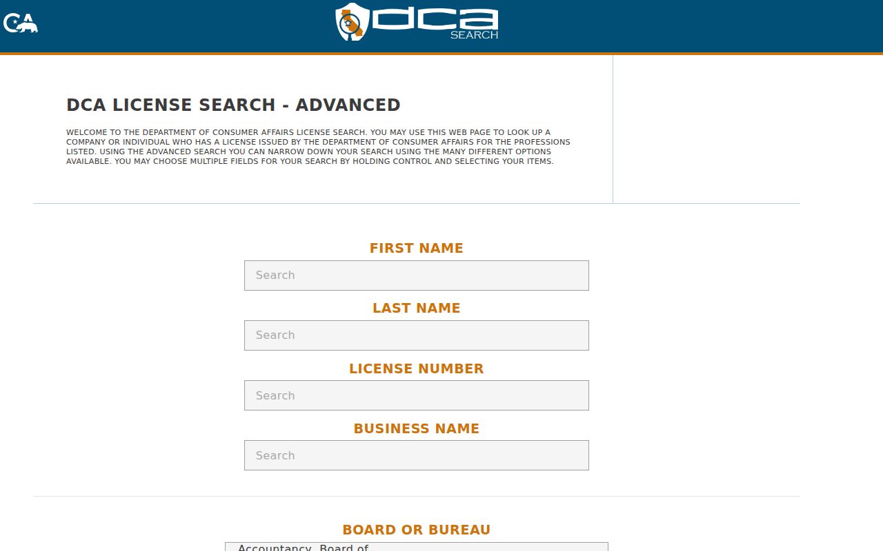 Temecula people search California professional license fields