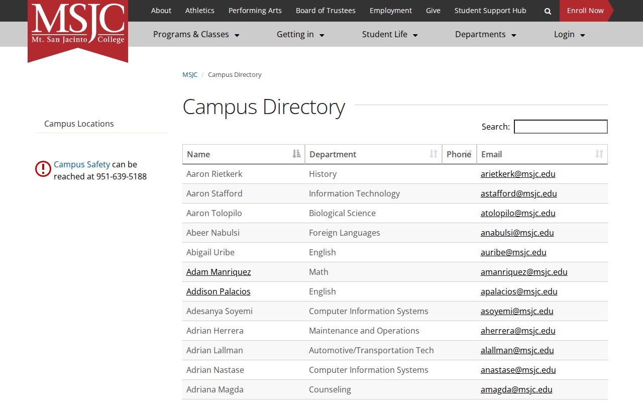 Temecula directory for Mt. San Jacinto College contacts
