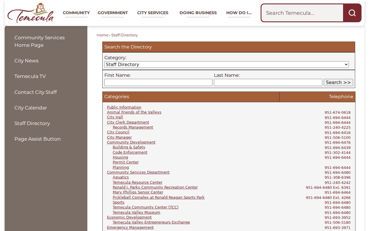 Temecula directory for city staff and departments