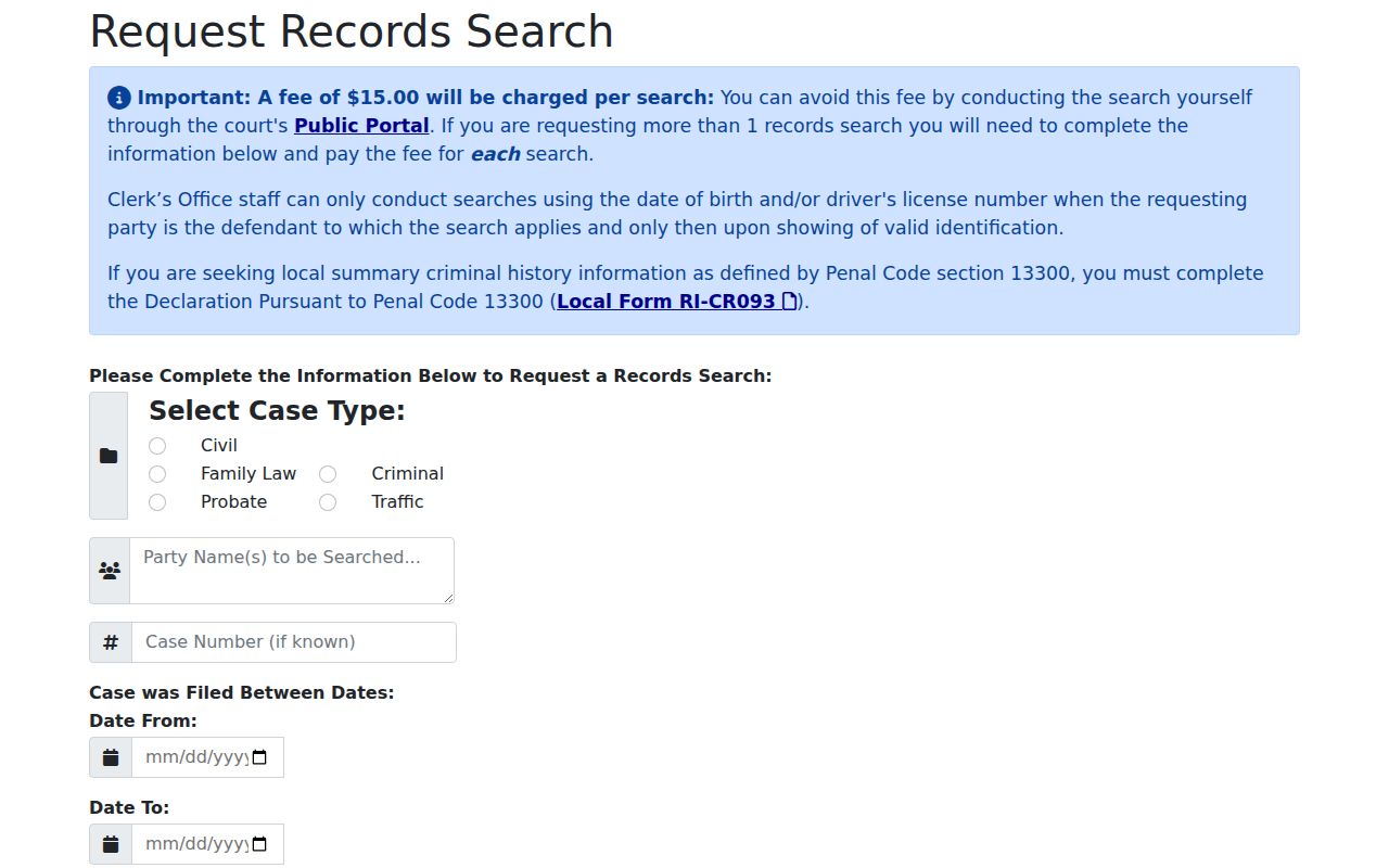 Temecula records request screen for Riverside Superior Court files