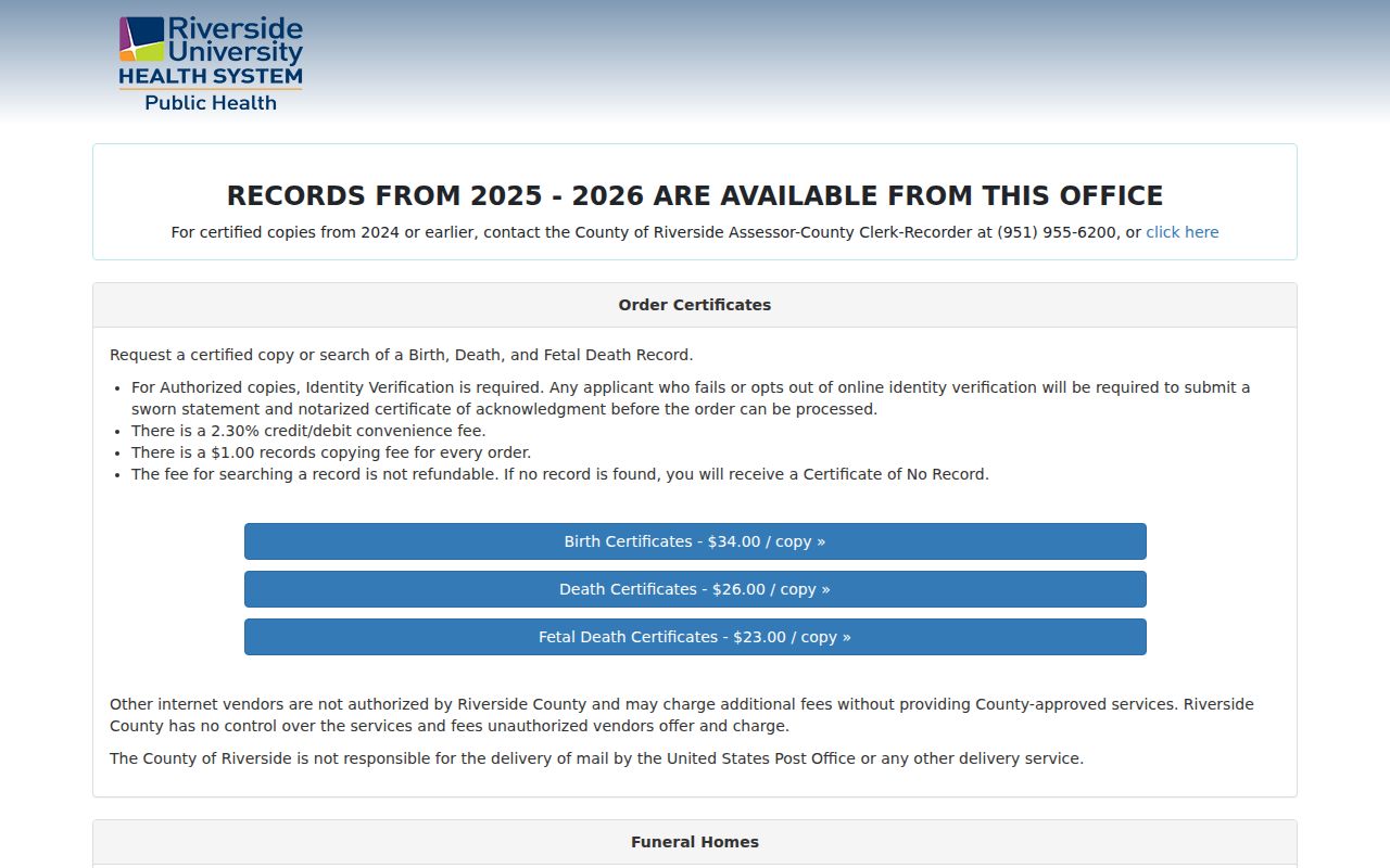 Temecula records portal for recent Riverside County vital certificates