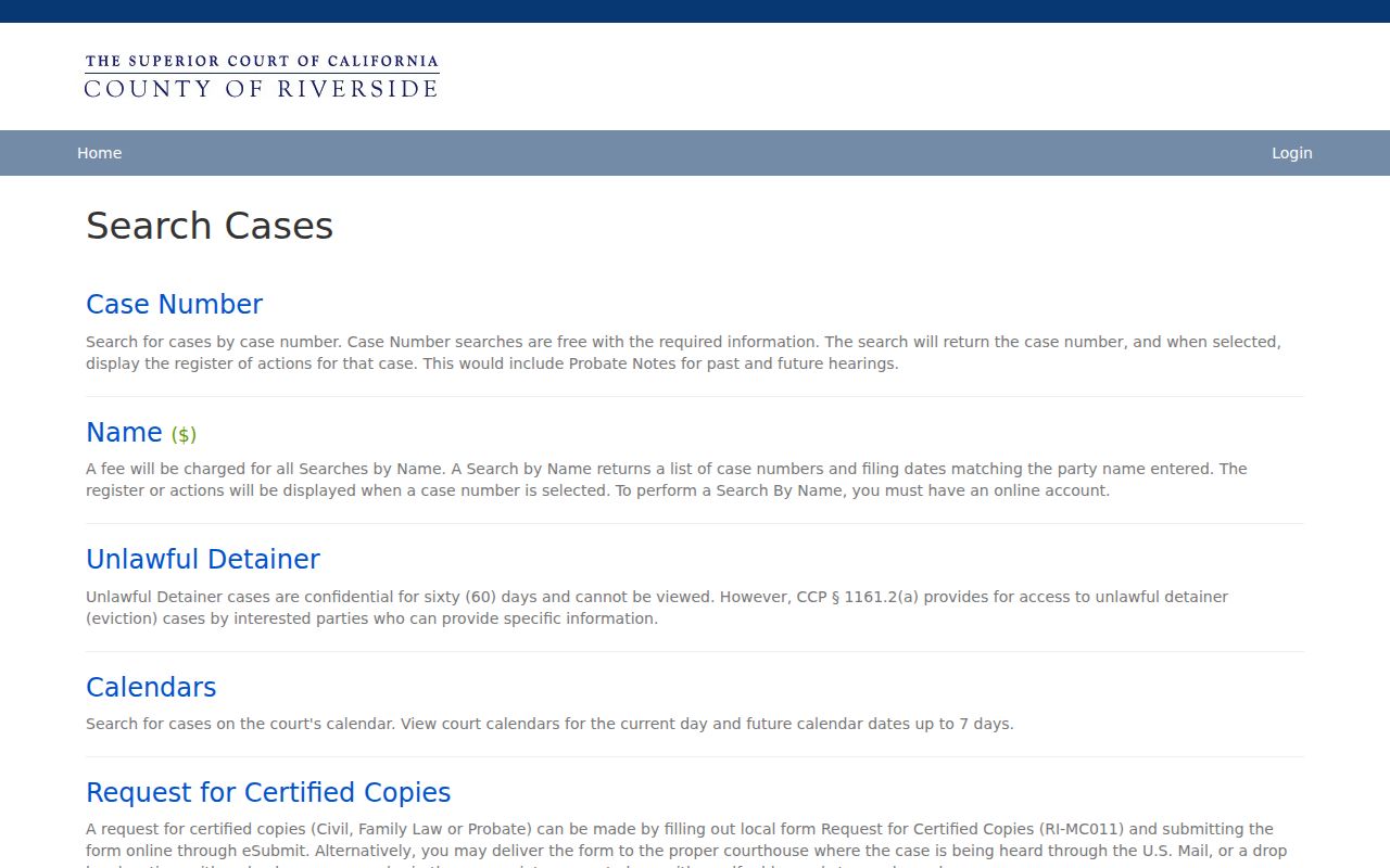 Temecula public records access through the Riverside court case search