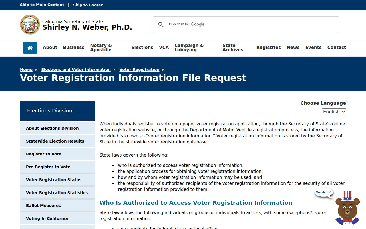 Temecula voter records California voter file request page
